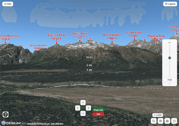 CamStats PRO interactive 3D view with labeled peaks and distance rings